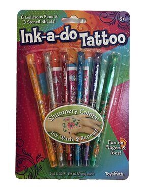 Ink-A-Do Tattoo Pens-Shimmery Colors-6 Gel Pens & 3 Stencil Sheets-Ages 6+